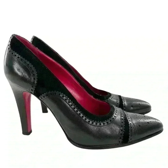 Emanuel Ungaro heels size 8.5 black Italian leather suede cap toe brogue career - Picture 14 of 14